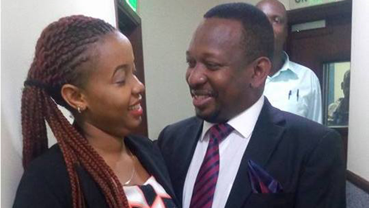 Mike Sonko shares a light moment with an unidentified woman who was part of his "Warembo na Sonko" lobby during his 2017 gubernatorial campaign. PHOTO/COURTESY