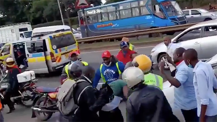 Boda boda operators beating up a motorist on Thika Superhighway. PHOTO/SCREENSHOT