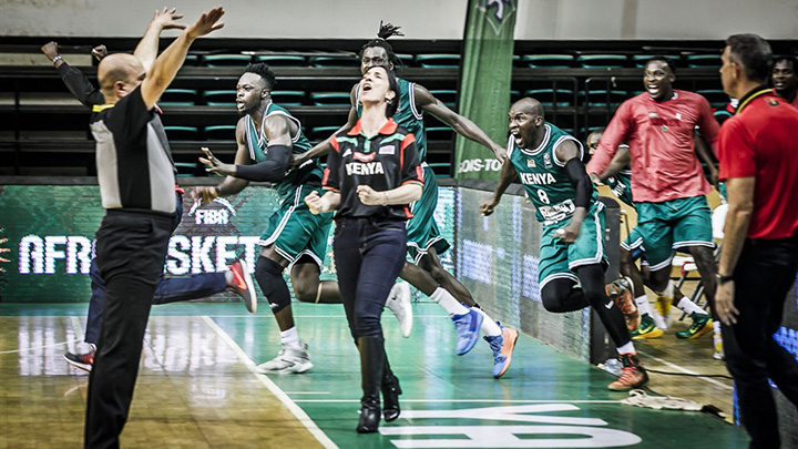 Kenya's coach Liz Mills leads the Morans in celebrating the win. PHOTO/COURTESY FIBA