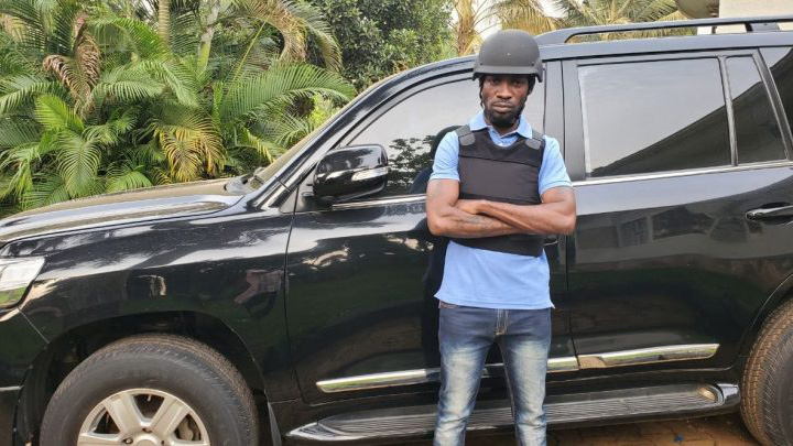 Bobi Wine and his armoured vehicle. 