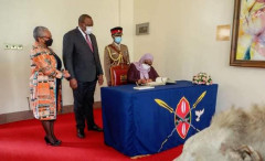 First Lady Margaret Kenyatta, President Uhuru Kenyatta and President Samia Suluhu PHOTO/COURTESY.