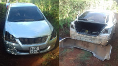 The vandalised Toyota Premio recovered by DCI in Kiambu. 