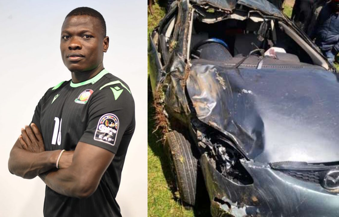 Patrick Matasi and his car after the accident. PHOTO/COURTESY
