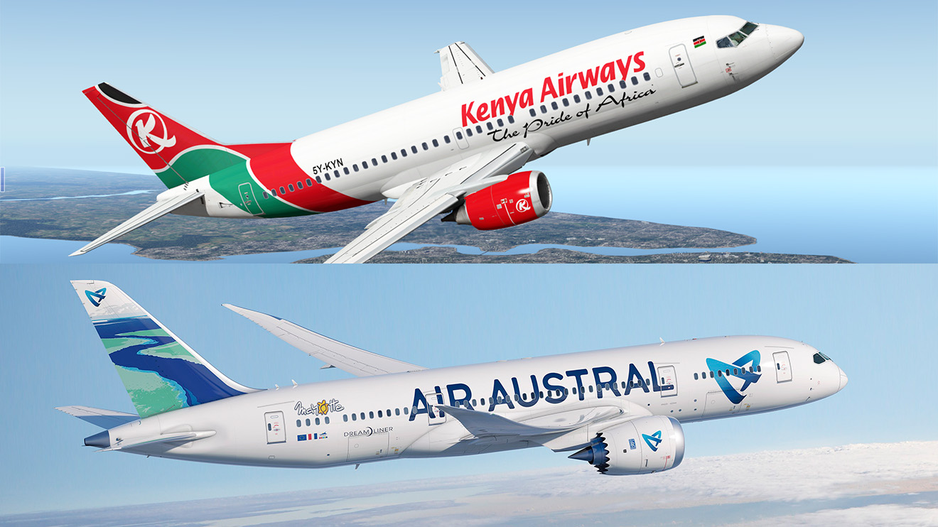 Kenya Airways and Air Austral planes. 