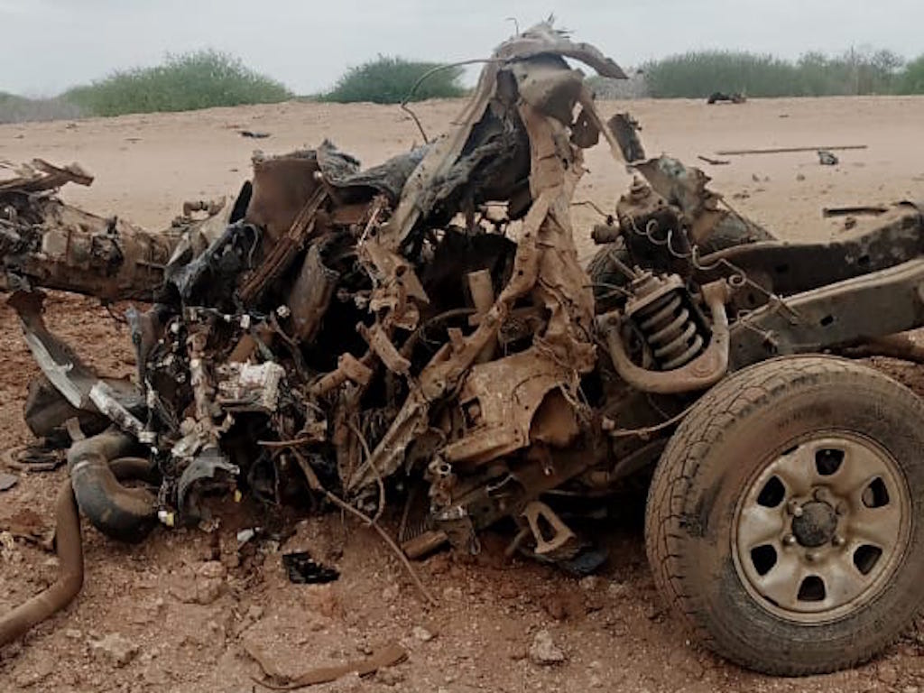 The wreckage of the vehicle that ran over an IED in Bura. PHOTO/TWITTER