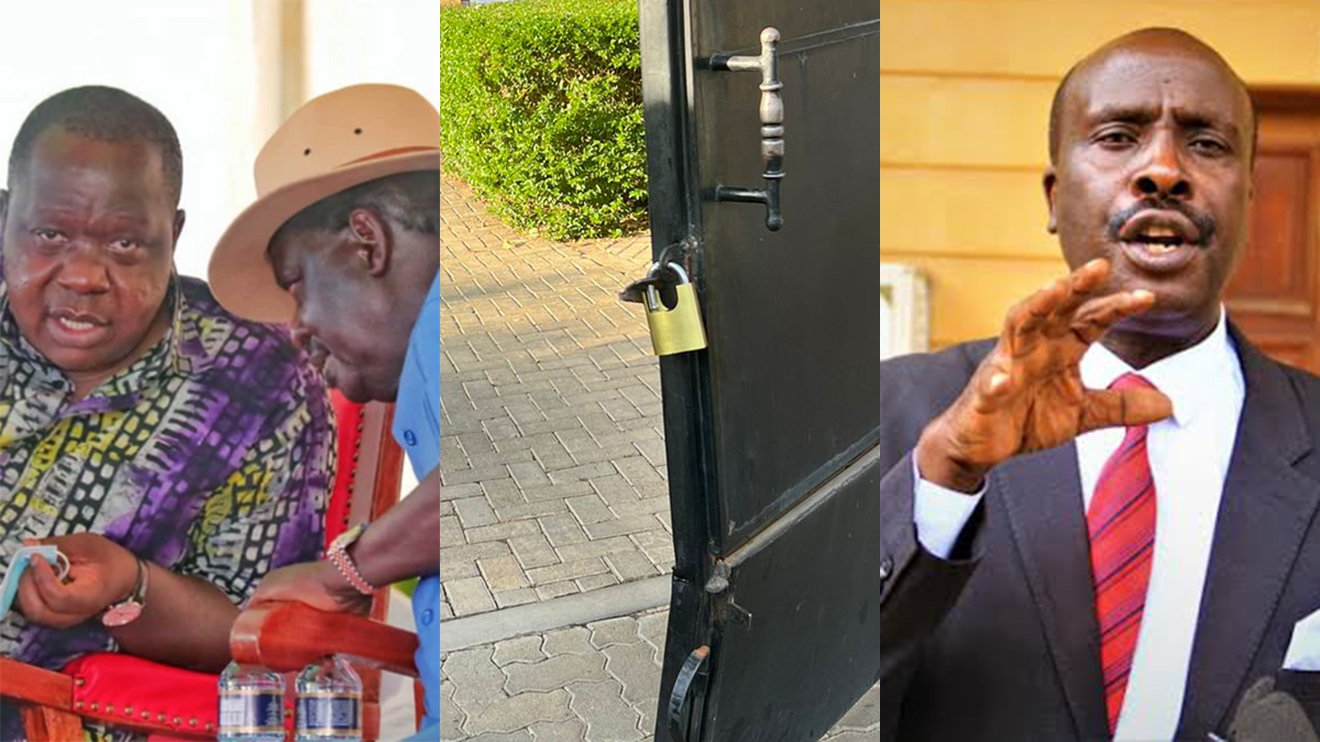 Fred Matiang'i, Raila Odinga, Matiang'i's vandalised gate and Danstan Omari.  
