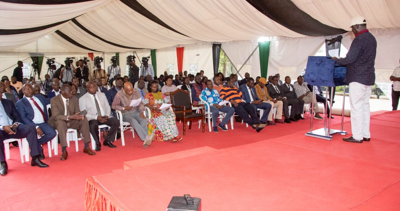 Raila Odinga addressing Azimio leaders. PHOTO/COURTESY