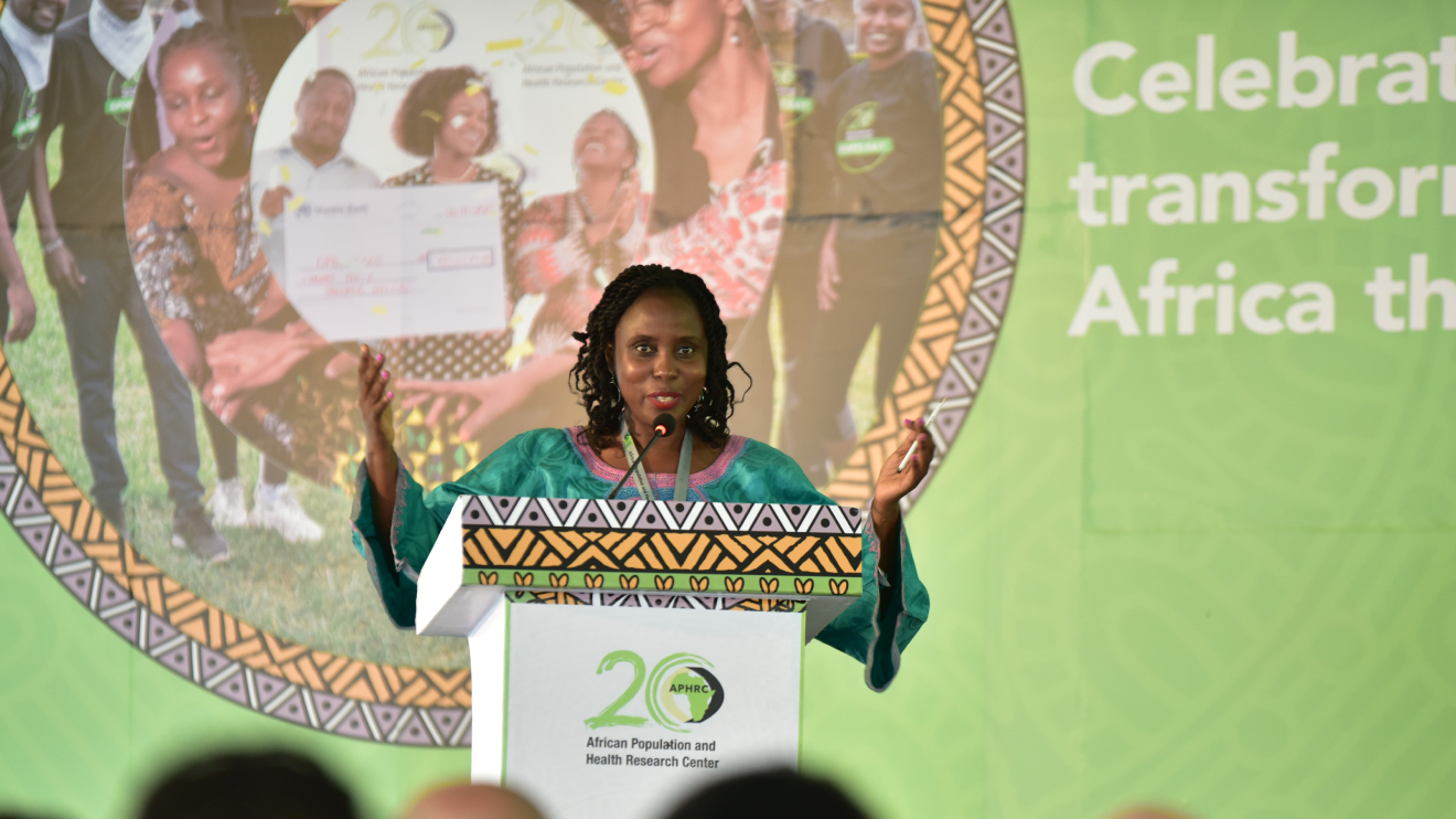 Dr. Catherine Kyobutungi, Executive Director, APHRC speaking during the commemoration of the APHRC's 20th anniversary. PHOTO/COURTESY
