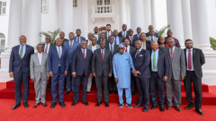 William Ruto poses for a photo with Afreximbank President Benedict Oramah and other bank officials at State House. PHOTO/COURTESY