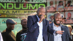 Moses Kuria addressing the crowd at Gatundu Stadium. PHOTO/COURTESY