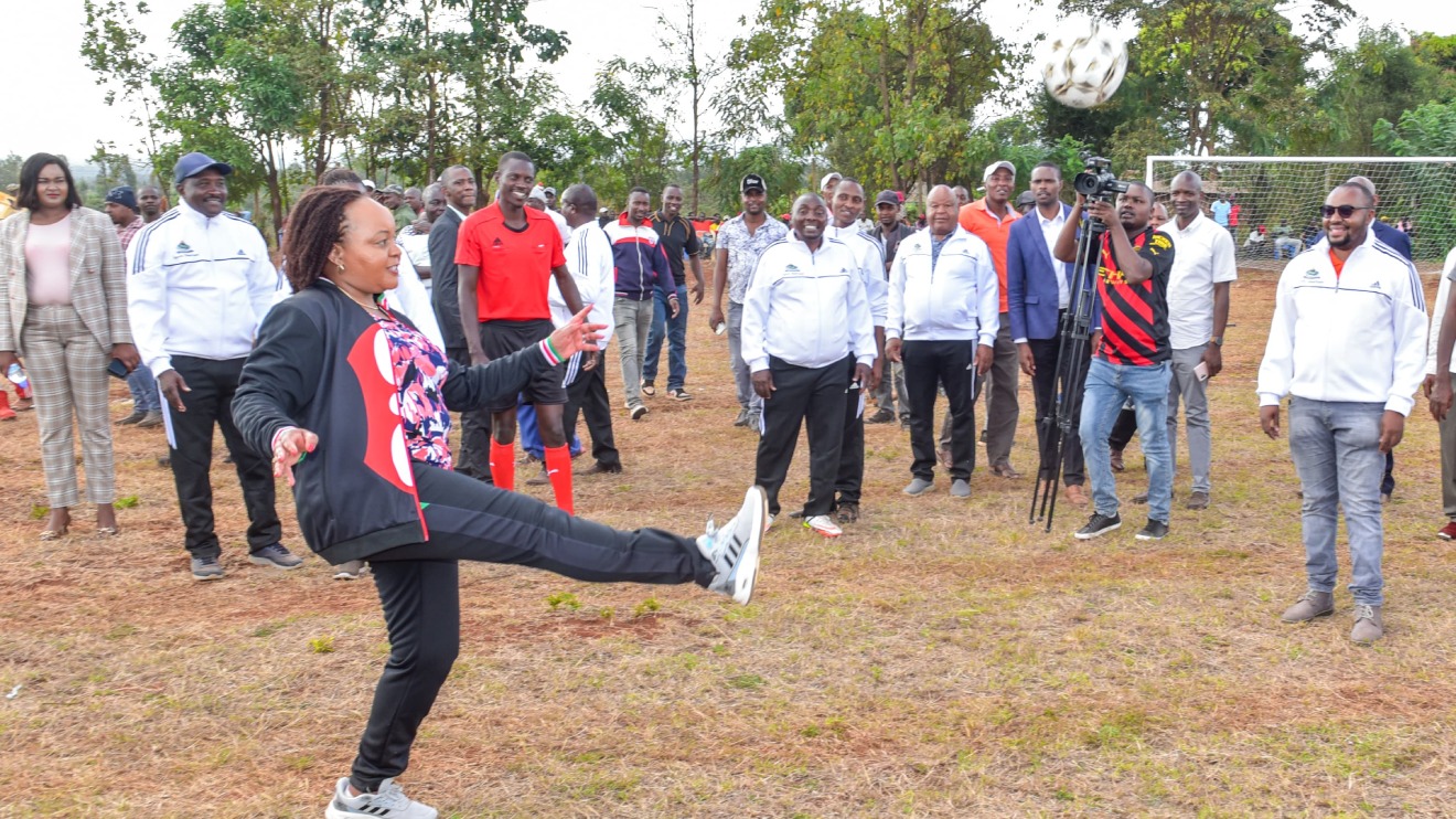 Anne Waiguru kicking off the “Governor Minji Minji Cup”. PHOTO/COURTESY