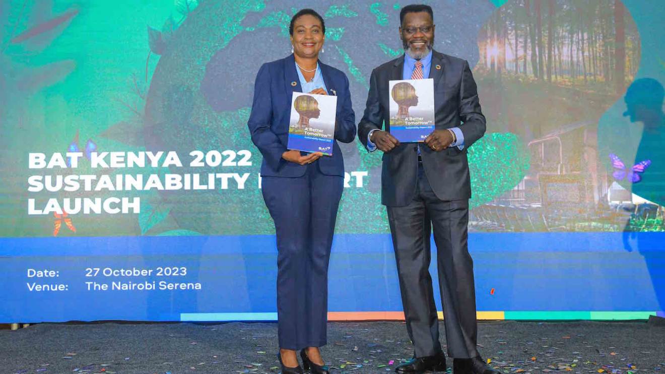 BAT Kenya Chairperson, Rita Kavashe (left) and BAT Kenya Managing Director, Crispin Achola, at the launch of the 2022 BAT Kenya Sustainability Report launch on Friday. PHOTO/COURTESY