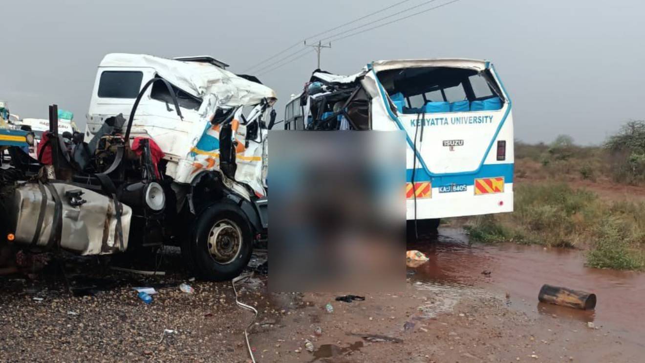 Tragic accident scene involving a truck and Kenyatta University bus. PHOTO/COURTESY