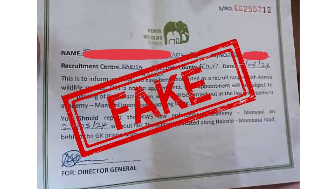 Fake Kenya Wildlife Service (KWS) recruitment letter. PHOTO/KWS