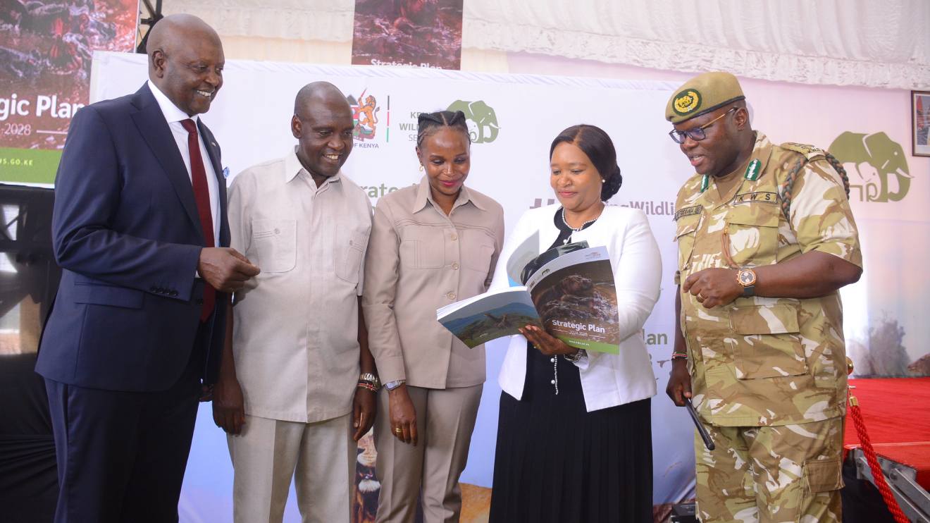 Tourism CS Rebbeca Miano (Second Right) and other dignitaries during the launch of the KWS 2024-2028 Strategic Plan. PHOTO/COURTESY