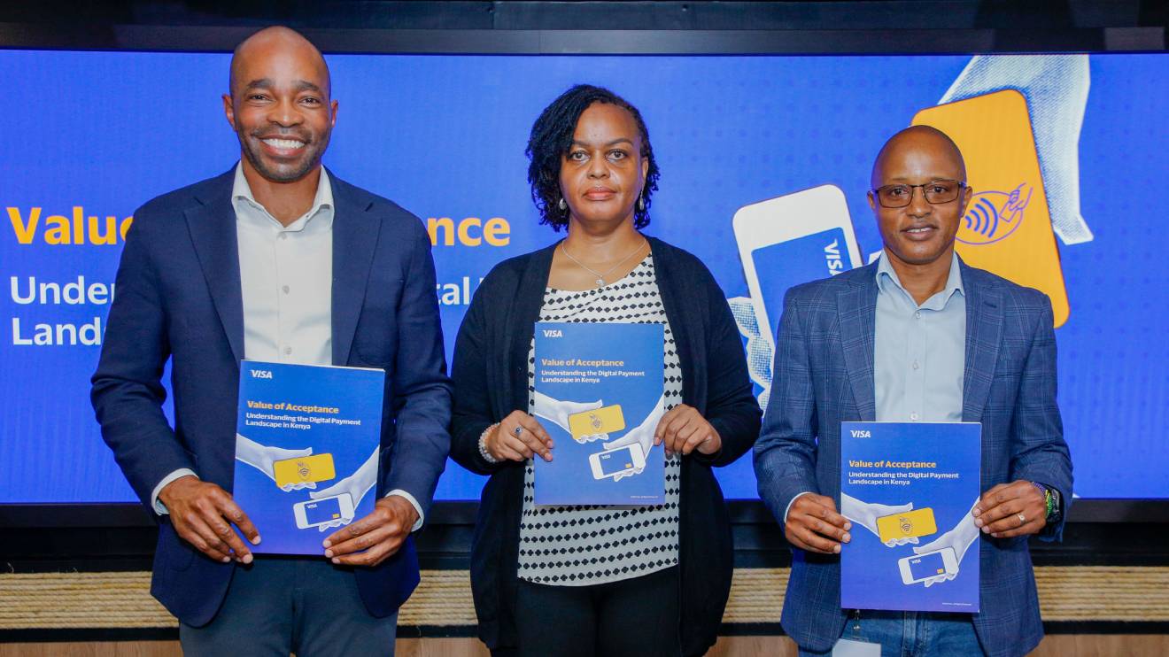 Chad Pollock- GM and Vice President, Visa East Africa, Caroline Maina- Senior Director, Insights,4Sight Research and Analytics and John Muriithi- Director MS&A, Visa East Africa. PHOTO/COURTESY