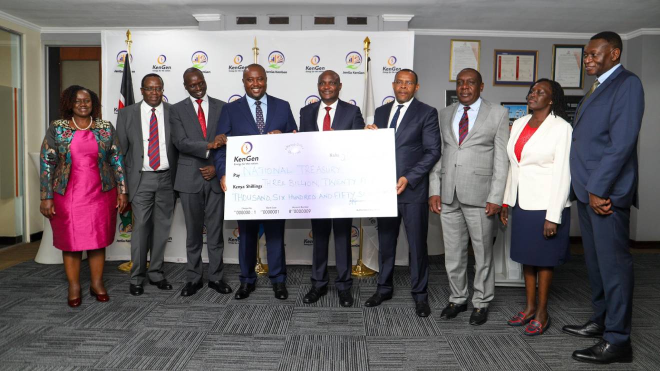 KenGen presenting the cheque to Treasury CS John Mbadi. PHOTO/COURTESY