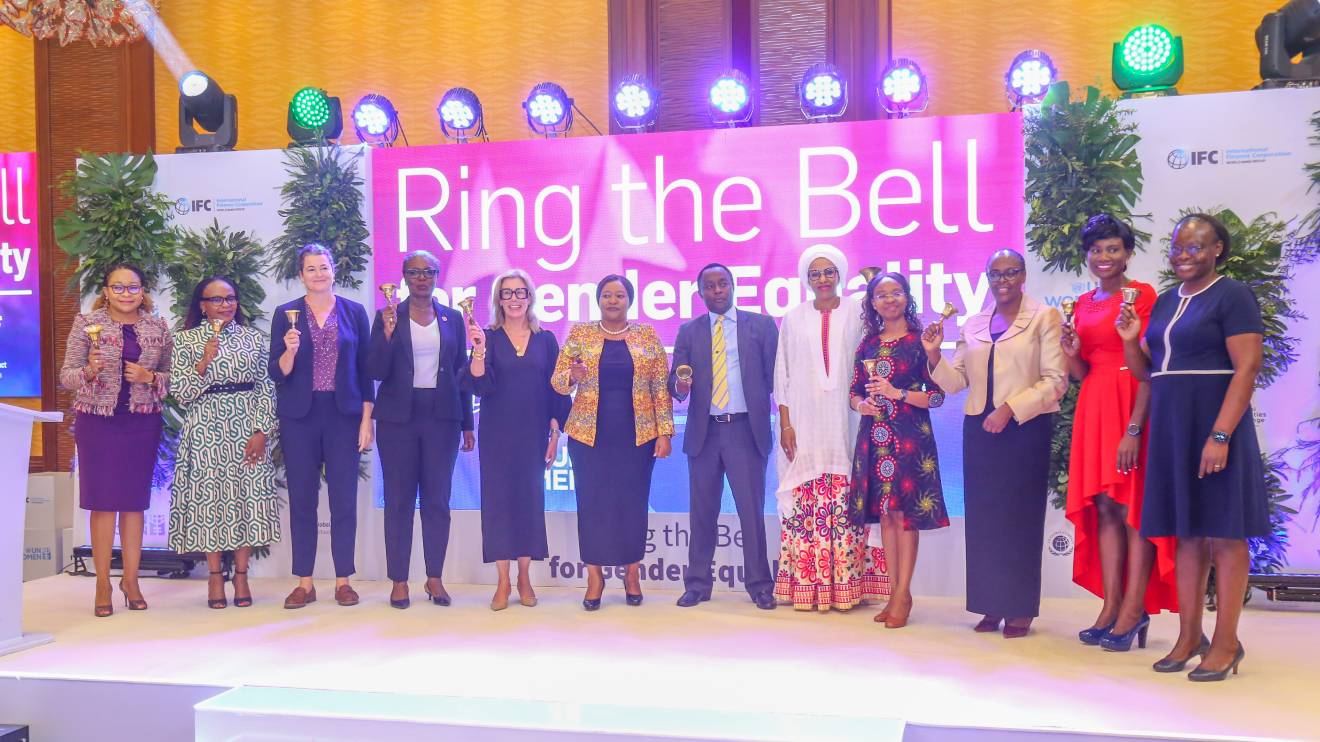 Rebecca Miano, Frank Mwiti, Mary Porter Peschka, along with other distinguished executives during the prestigious Bell Ringing Ceremony. PHOTO/COURTESY