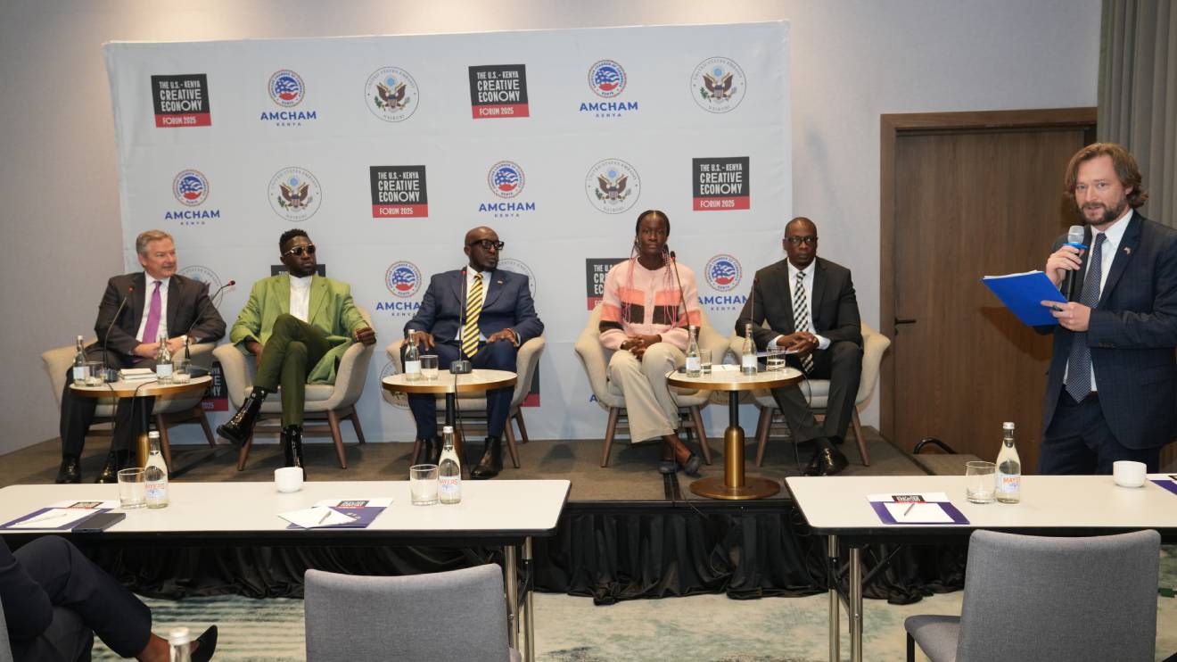 L-R Marc Dillard – Chargé d'Affaires, U.S. Embassy in Kenya, Polycarp Otieno, Amb. Thomas Kwaka Omolo, Margaret Nerea, basketball player with the Lioness Basketball National team, Maxwell Okello – CEO, American Chamber of Commerce. PHOTO/COURTESY