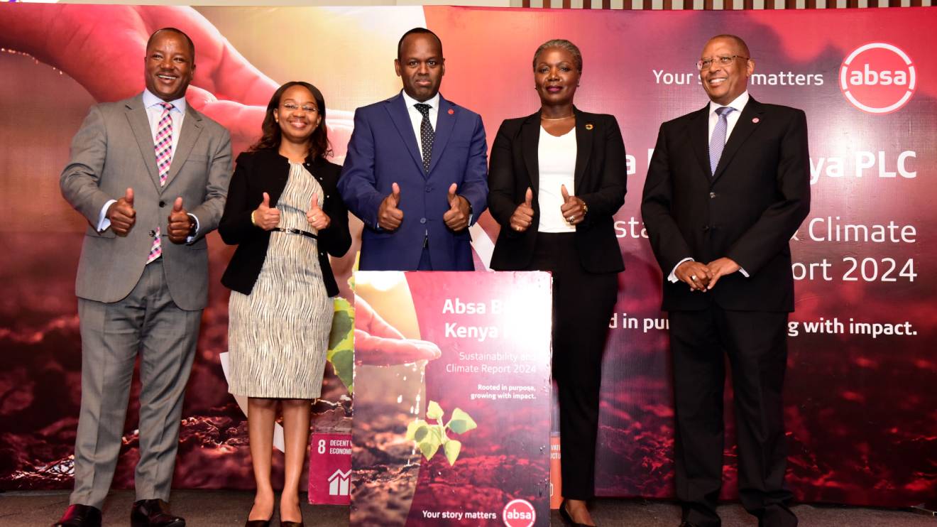 Absa Bank Kenya Chief Financial Officer Yusuf Omari, UN Global Compact Kenya Executive Director Judy Njino, Absa Bank Kenya CEO Abdi Mohamed, UN Women Kenya Representative Antonia N'gabala and Absa Bank Kenya Chair Charles Muchene. PHOTO/COURTESY